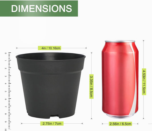 12 Pack 4 inch Plastic Planters, Seedlings Plant Nursery Pots with Drainage Holes and Saucers for Plants Flowers Succulent and All House Plants, Black