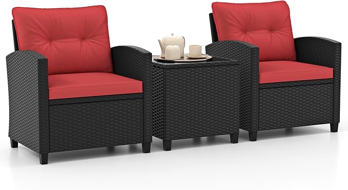 RELAX4LIFE 3-Piece Patio Furniture Set - Wicker Rattan Bistro Sofa Set w/Glass Top Coffee Table, Washable Cushions for Porch Balcony Backyard Poolside, Outdoor Furniture Conversation Set (Red)