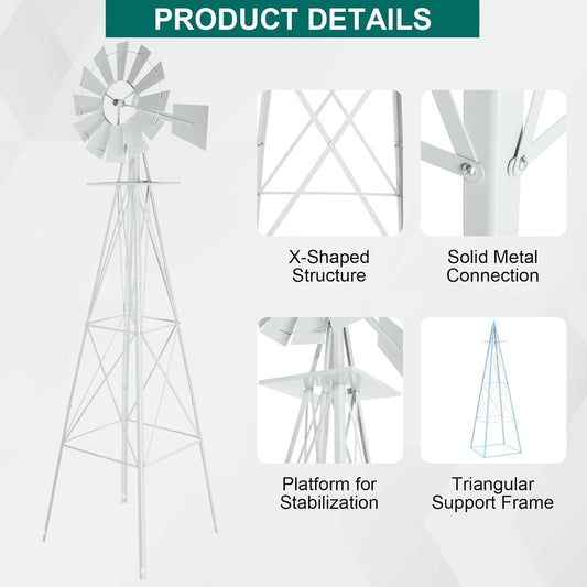 8FT Windmill for Yard Garden Decoration with Weather Vanes,Heavy Duty Outdoor Wind Mills, Large Metal Outdoor Windmill,Weather Resistant,White