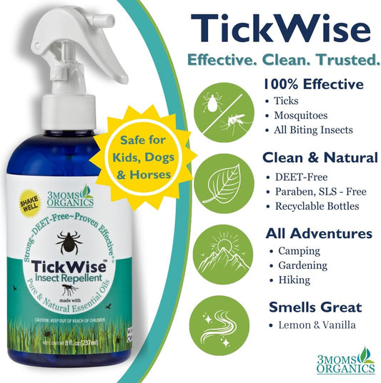 3 Moms Organics TickWise 8oz, Made with All Natural Essential Oils, DEET-Free, Tick and Insect Repellent, Plant Based Essential Oils, All Natural Ingredients Great for Adults, Kids, Dogs & Horses