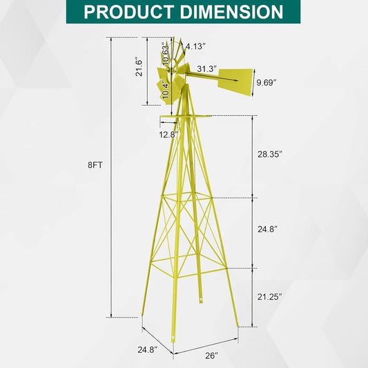 8FT Windmill for Yard Garden Decoration with Weather Vanes,Heavy Duty Outdoor Wind Mills, Large Metal Outdoor Windmill,Weather Resistant,Yellow
