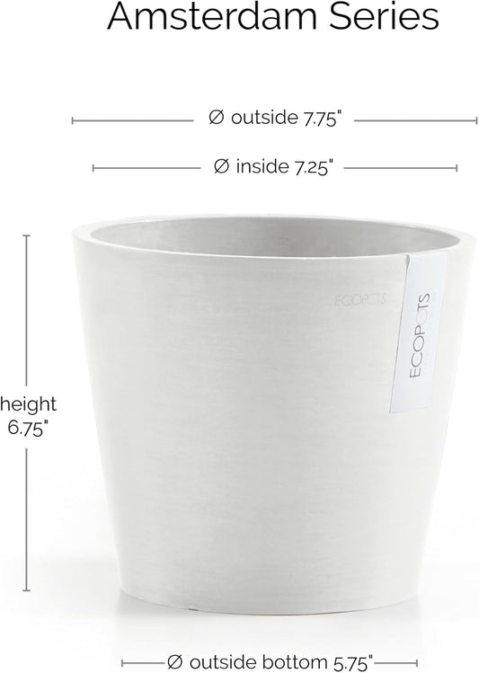 Ecopots Amsterdam Durable Modern Round Indoor/Outdoor Recycled-Based Composite Flower Pot Planter, Pure White, 8"