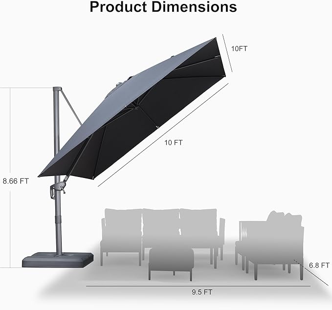 PURPLE LEAF 10 FT Outdoor Umbrella with Base Patio Cantilever Aluminum Umbrella with 3 Years Fade Resistance Recycled Fabric Offset Square with 360-degree Rotation for Deck Pool Garden, Graphite Grey