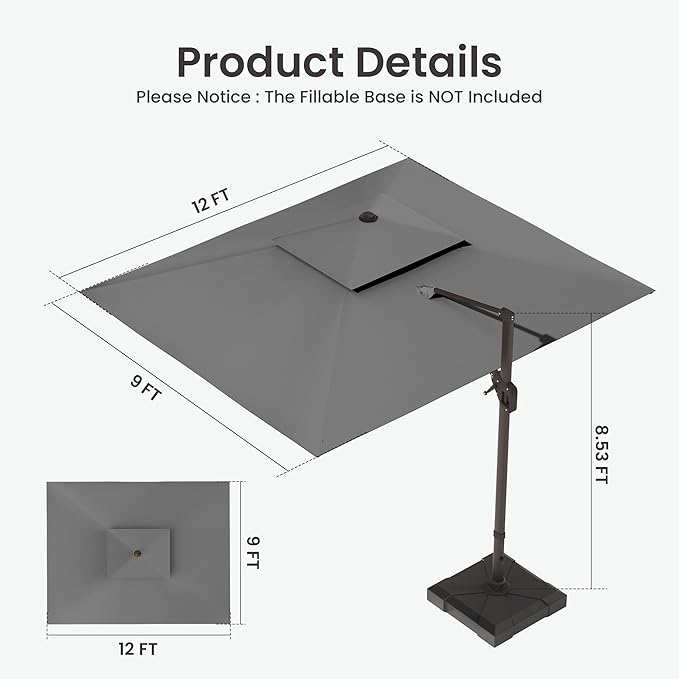 9x12 FT Cantilever Patio Umbrella Double Top Outdoor Rectangular Large Heavy Duty Aluminum Offset Umbrellas with 7 Level Tilt 360-degree Rotation for Pool Garden Deck, Grey