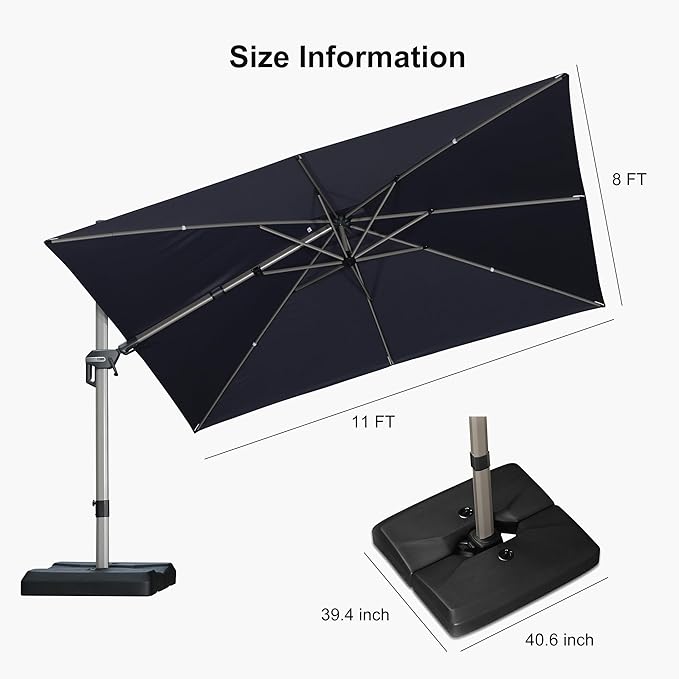 PURPLE LEAF 11.5' X 8' Left-right Tilting Patio Umbrella with Base Outdoor Swivel Cantilever Offset Aluminum Umbrella with Champagne Frame and 360-degree Rotation for Garden Deck Pool, Navy Blue