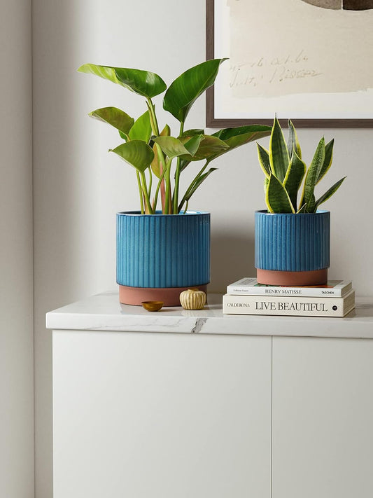 LE TAUCI Ceramic Pots for Plants, 8+6.7+5.5 Inch Plant Pots Indoor, Flower Pot with Drainage Holes, Medium Cylinder Planters for Indoor House Plants, Set of 3, Blue