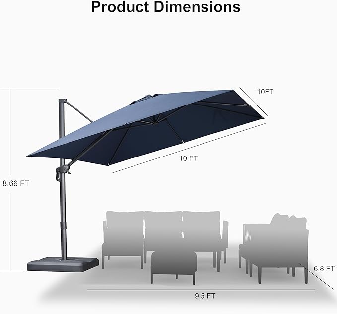 PURPLE LEAF 10 FT Cantilever Patio Umbrella Outdoor Aluminum Offset Square Umbrella with 3 Years Fade Resistance Recycled Fabric and 360-degree Rotation for Deck Pool Garden, Ocean Slate