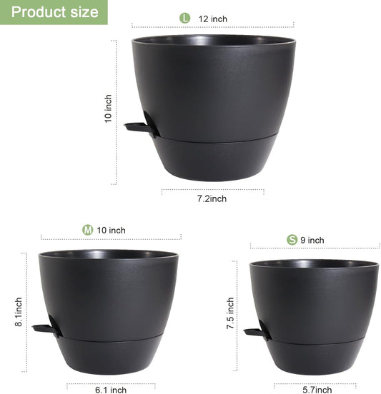 12/10/9 inch Large Self Watering Pots, Planter, Plant Pots with Mesh Drainage Holes for Indoor Outdoor Garden Plants, Plastic Flower Pots with Removable Deep Reservoir, Black