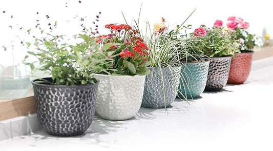 Worth Garden Plastic Round 8 Inch Planters for Indoor Plants Set of 6 Outdoor Resin Flower Pots Colorful with Drainage Hole Rubber Plug Retro Appearance Home Christmas Decorative Containers Multicolor