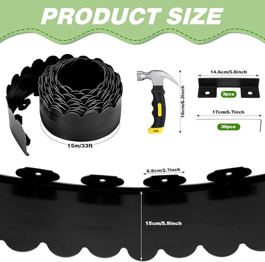 6 Inch Tall 33 ft Length No Dig Landscape Plastic Edging Kit with Hammer Spikes Plastic Garden Flower Bed Edging Landscape Edging Border for Gardens Border Lawn Grass Yard (Black,Wave)