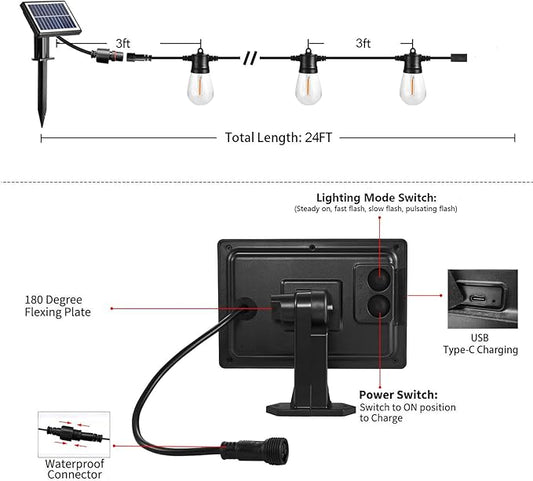 SUNTHIN 24ft Solar String Lights, USB Rechargeable Solar Outdoor Lights with Waterproof & Shatterproof LED Bulbs for Patio, Porch, Garden, Deck, Bistro, Cafe, Camping
