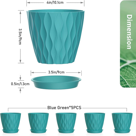 4 inch Small Plastic Nursery Pots, 5 Pack Water Ripples Flower Pots for Indoor Plants, Plant Pots with Drainage Holes and Saucers, Seedling Starter Planters for House Plants, Blue Green