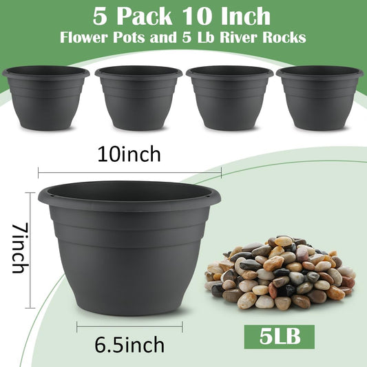 5 Lbs Rocks for Plants,5-Pack 10 Inch Plastic Plant Pots - Plant Planters with Drainage, Decorative River Rocks for Garden Landscaping, Flower Pots for Indoor Outdoor Plants, Succulents, and Herbs