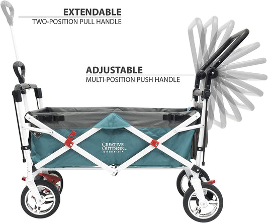 Creative Outdoor Wagon, Push and Pull Double Stroller for Toddlers & Kids with Removable Canopy and Seat Belt Harnesses, Collapsible Folding Garden Cart, Adjustable Handle, Beach Wagon (Teal)