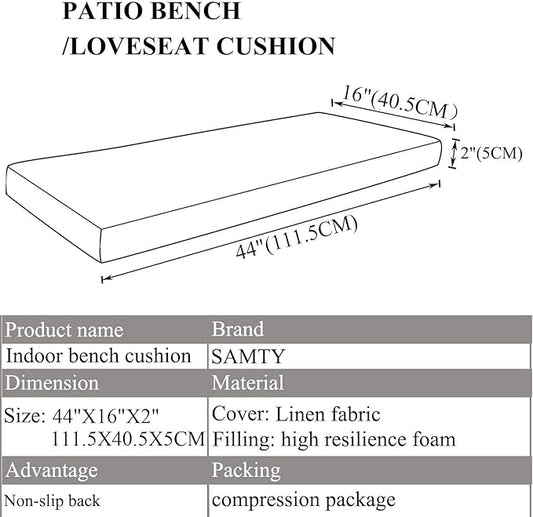 Bench Seat Cushions Memory Foam Chair Pads Non-Slip Rubber Back Indoor Swing/Settee Cushion Main 44x16 Inch, Grey