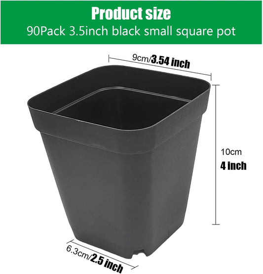 Square Nursery Pots 3.54Inches 90 Pcs Seedling Flower Post Plastic Thick Seed Start Germination for Plant Propagation,Sturdy Suit for 1020 Trays(Black,3.54Inches,90Pcs)