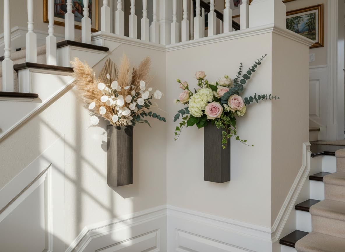 2 Pieces Wooden Wall Hanging Plant Pots Vase Contains Artificial Green Plants for Indoor Fake Plants Greenery Flowers, Modern Planters for Bathroom, Living Room, Kitchen Decor, (Brown)