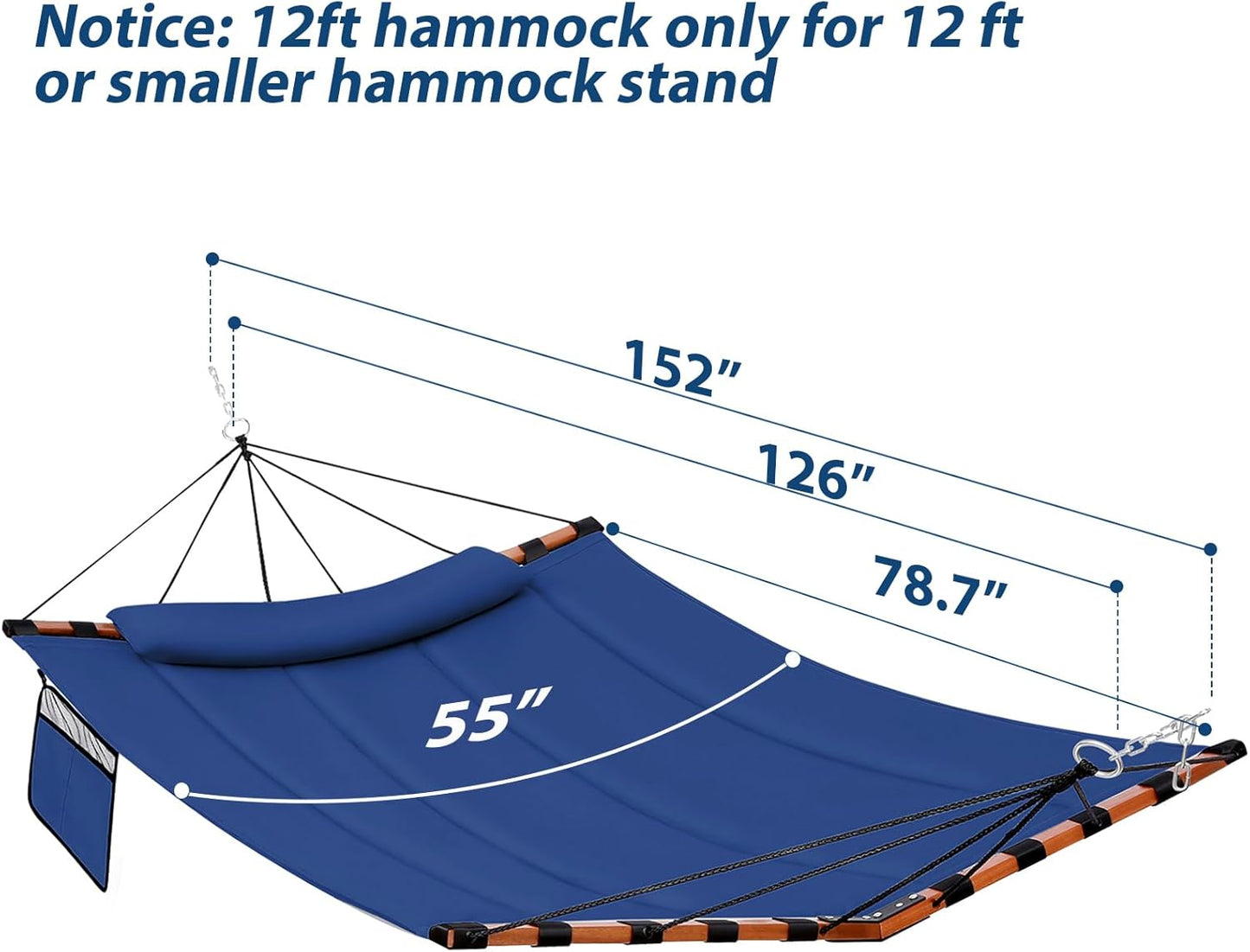 TegerDeger 12FT 2 Person Hammock Large Hammock 450LB Capacity with V Shaped Hardwood Spreader Bar & Nylon Rope for Outside, Patio, Garden, Backyard, Beach, Poolside - Blue