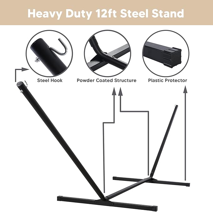SUNCREAT Two Person Hammock with 12ft Stand Included, Max 475lbs Capacity, Heavy Duty Free Standing Hammock, Beige