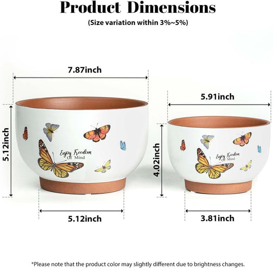 YBX 8 Inch + 6 Inch White&Terracotta Flower Pots, Succulent Ceramic Plant Pots with Drainage Holes, Terracotta Planters for Indoor Plants, with Butterfly Accents