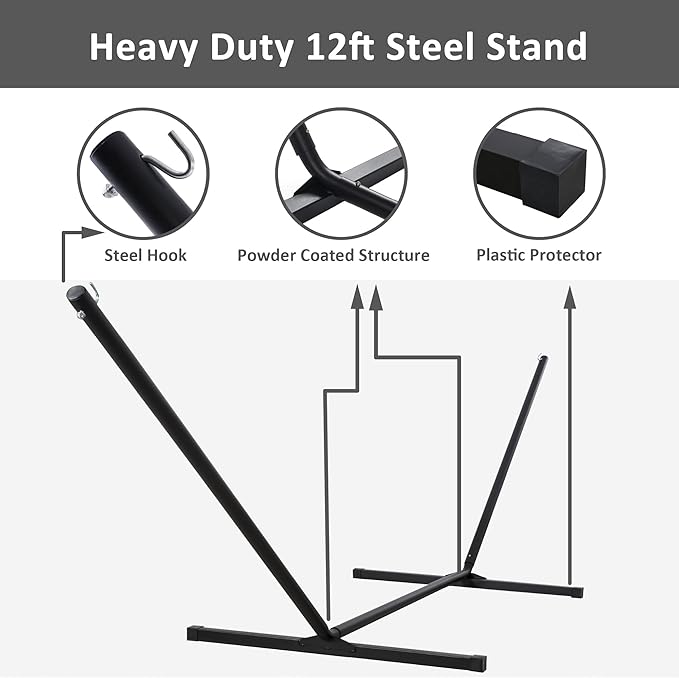 SUNCREAT Hammocks Extra Large Hammock with Stand Included, Double Hammock with Curved Spreader Bar, Black Stripes