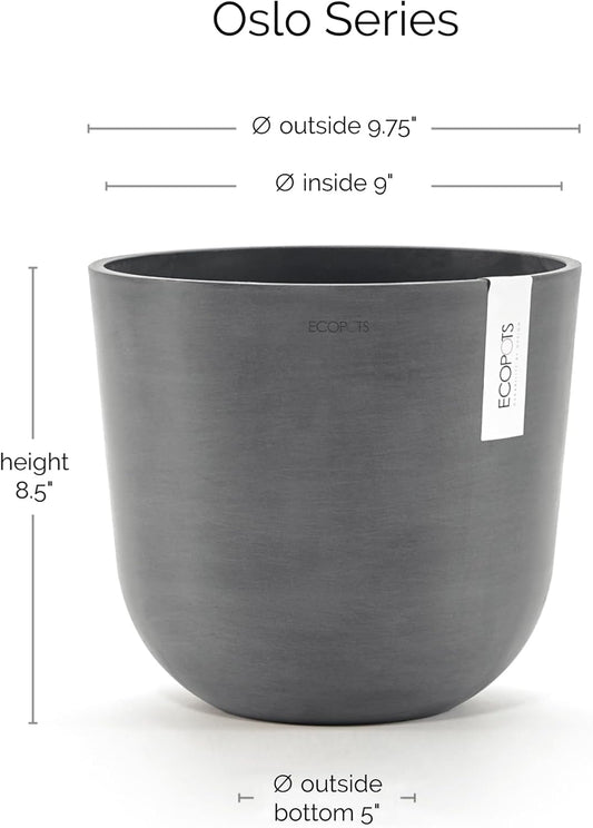 Ecopots Oslo Durable Modern Round Indoor/Outdoor Recycled-Based Composite Flower Pot Planter, Grey, 10"