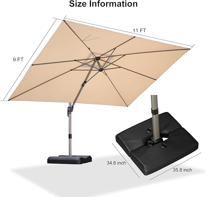 PURPLE LEAF 9' x 11' Patio Umbrella with Base Cantilever Umbrella Rectangular Outdoor Offset Umbrella with Champagne Frame and 360° Rotation for Garden Deck Pool, Beige