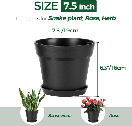 T4U 7.5 Inch Plant Pots 6 Pcs, Flower Pots for Indoor Plants Plastic Pots for Plants with Drainage Holes and Saucer, Planters for Indoor Plants for House Cactus Succulent Black