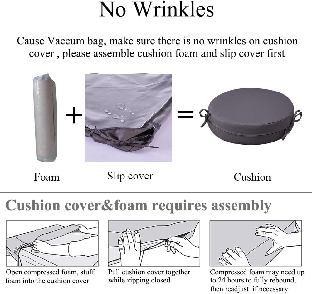 15 x 15 Inch Round Cushions for Outdoor Furniture Non-Slip Waterproof Patio Bistro Chair Cushion with Ties Bar Stool Seat Cushion for Kitchen Chairs Set of 2, Dark Gray