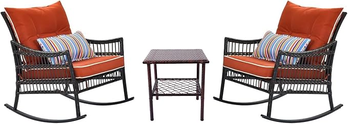 DECMICO Outdoor Rocking Chairs 3 Pieces Patio Conversation Front Porch Furniture, Wicker Rocking Chairs Bistro Set with Coffee Table and Cushions for Garden and Balcony, Orange