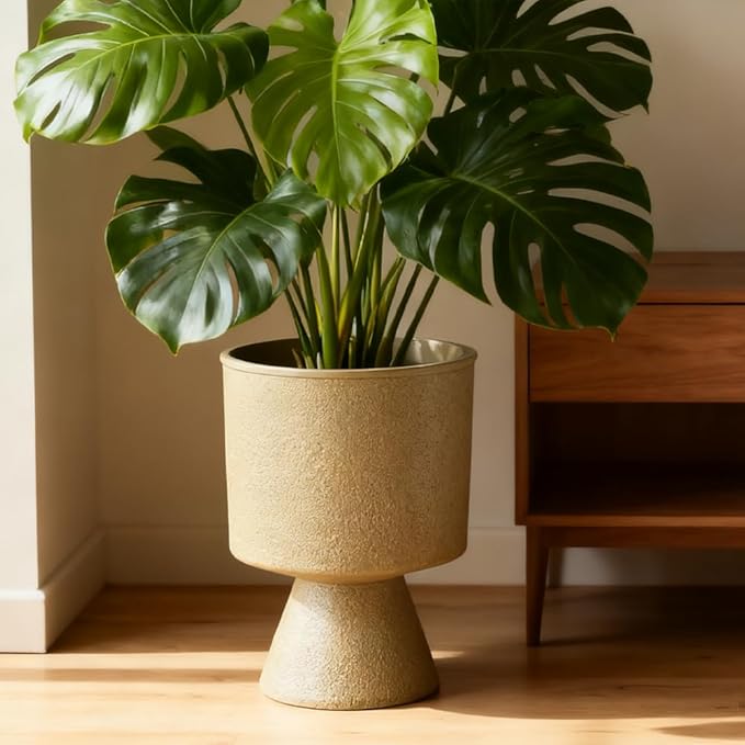 Lookat Modern Hourglass Planter, Indoor Decorative Plastic Plant Container, Textured Metal Look, Contemporary Home Garden Pot (Black, CUP003 Small+Medium)