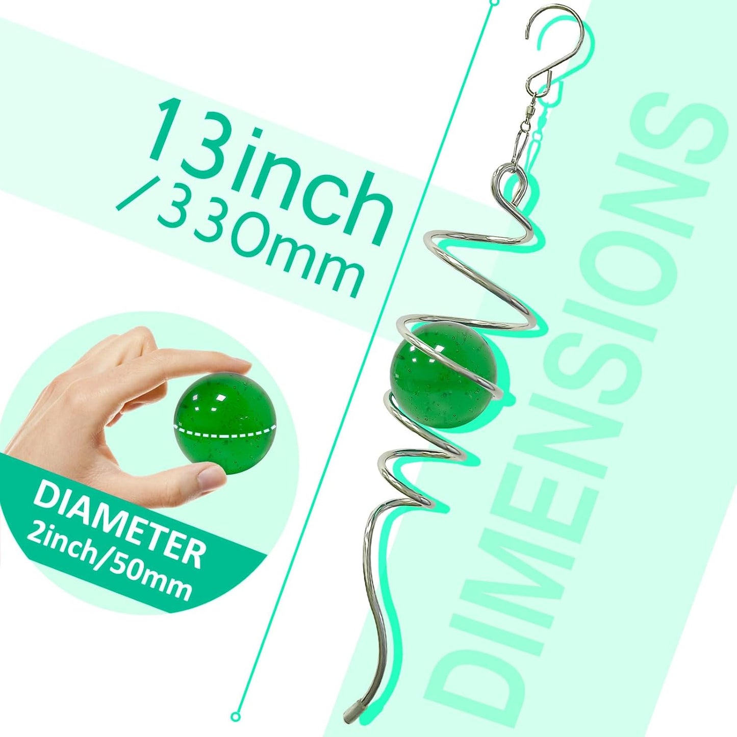 Wind Spinner Tail with Green Glass Orb,Gazing Ball Spiral Tail,Wind Spinners Stabilizer,Visual Illusion in Spinning Hanging Rotating Art Decor,Indoor Outdoor Garden Decoration-13in