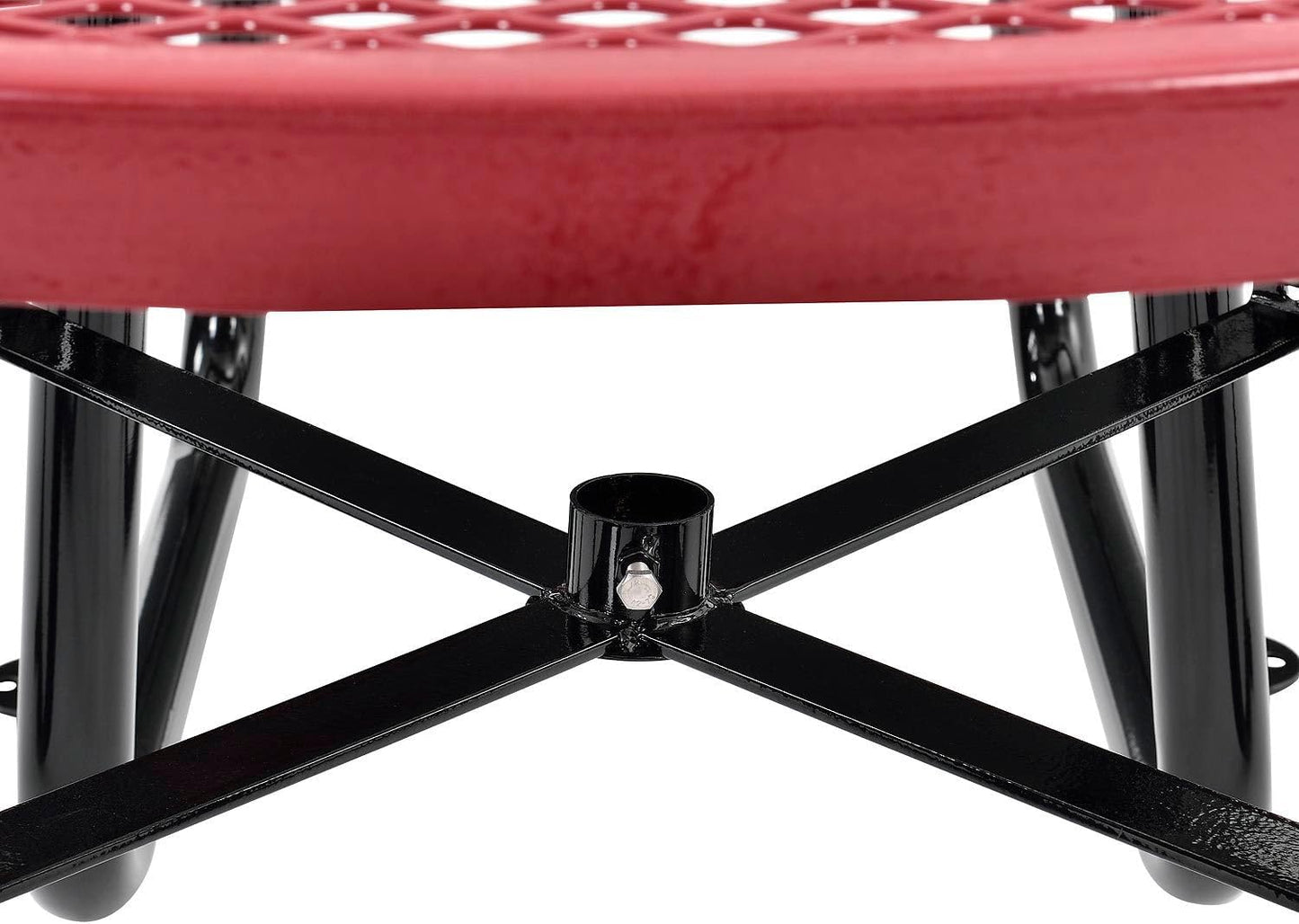 Global Industrial 46" Round Picnic Table, Expanded Metal, Red Thermoplastic Coating, Attached Benches, 1-1/2” Umbrella Pole Hole, Outdoor-Rated, 1000 lb Capacity