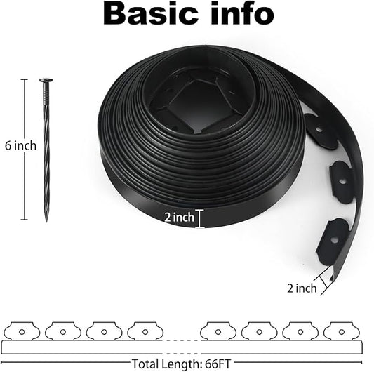 LINSHRY 66FT Landscape Edging, 2 Inch Tall No Dig Garden Border Edging with 60pcs Spikes, Plastic Paver Edging Lawn Edging for Landscaping, Flower Bed, Grass, Yard