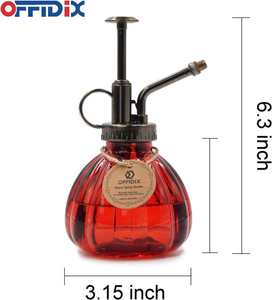 OFFIDIX Plant Glass Spray Bottle,Flower Mister Indoor Plant Watering Can Pot 6.3" Tall Vintage Pumpkin Style with Bronze Plastic Top Pump One Hand Small Watering Cans for House Plants(Red)