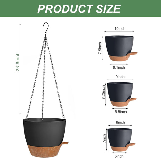 10/9/8 Inch Hanging Planter for Indoor Outdoor Plants, 3 Pack Self-Watering Hanging Pot with Drainage Holes Hanging Planter Baskets Plant Pots with Removable Tray (Black+Brown)