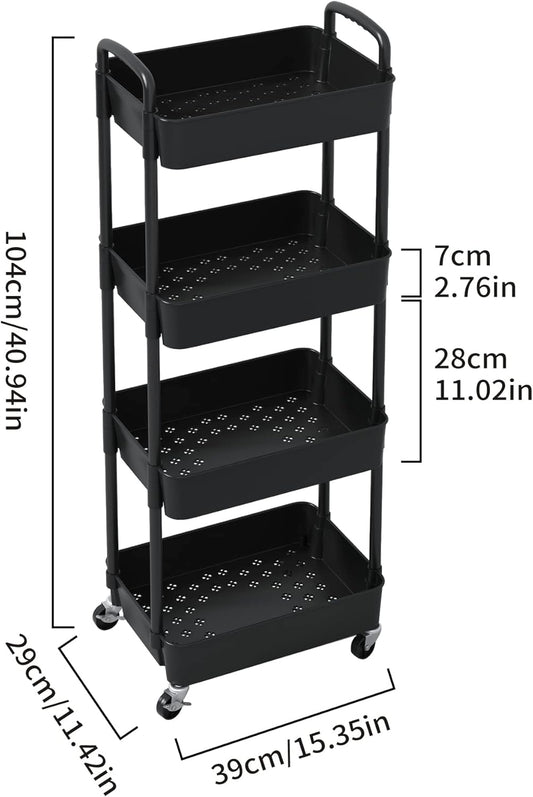 Sywhitta 4-Tier Plastic Rolling Utility Cart with Handle, Multi-Functional Storage Trolley for Office, Living Room, Kitchen, Movable Storage Organizer with Wheels, Black