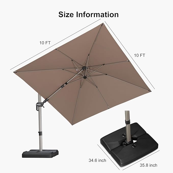 PURPLE LEAF 10' X 10' Left-right Tilting Patio Umbrella with Base Outdoor Swivel Cantilever Offset Aluminum Umbrella with Champagne Frame and 360-degree Rotation for Garden Deck Pool, Taupe
