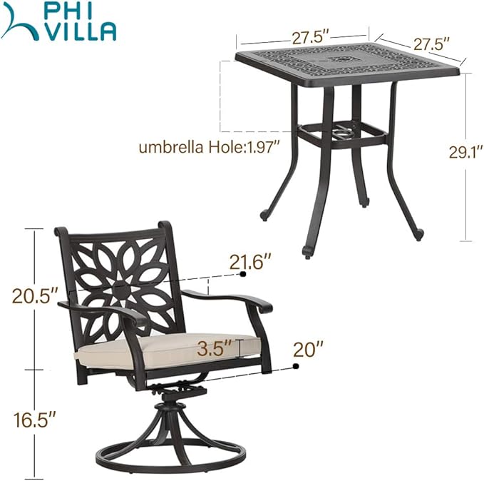 PHI VILLA 3 Pcs Cast Aluminum Patio Bistro Set, 2 Extra Wide Swivel Chairs with Cushion & 1 Square Bistro Dining Table with Umbrella Hole