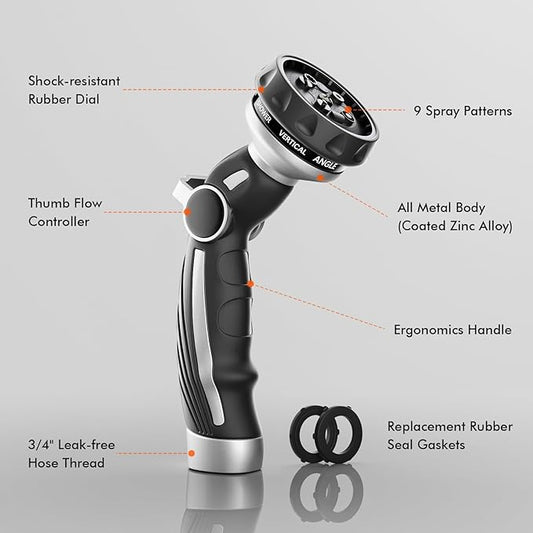 RESTMO Water Hose Nozzle, Metal Garden Hose Sprayer, Heavy Duty | 9 Spray Patterns | High Pressure | Thumb Flow Control, Ideal for Outdoor Lawn & Plant Watering, Car & Pet Washing, Silver