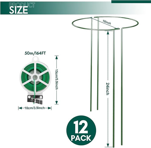 12 Pack 24 inch Plant Support Stakes, Half-Round Metal Garden Flower Stakes, Large Peony Support Ring and Cage for Indoor and Outdoor Plants, Hydrangea, Tomato, Rose, Monstera with Plant Ties