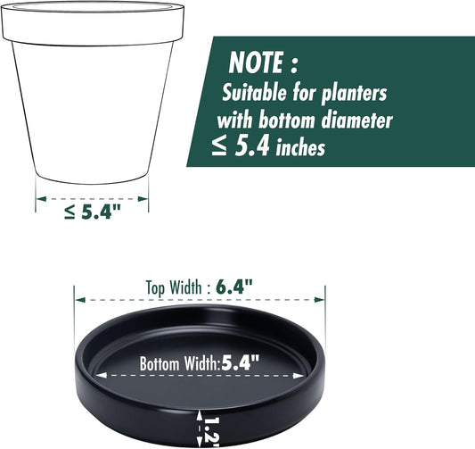 D'vine Dev Modern Round 5.4 Inch Ceramic Plant Pot Saucer, Planter Pot Drainage Tray for Indoor Plants, Set of 2, Matte Black, 97-T-B-22