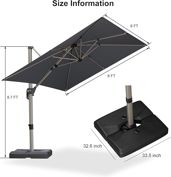 PURPLE LEAF Patio Umbrella with Base Included, 8ft Outdoor Aluminum Cantilever Umbrella with 360° Rotation, Champagne Offset Umbrella for Outdoor Garden Pool, Light Grey