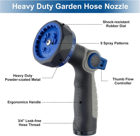Garden Hose Nozzle heavy Duty - 9 Spray Patterns, High Pressure, Thumb Flow Control, On/Off Valve - Ideal for Lawn Watering, Car Wash & Pet Cleaning