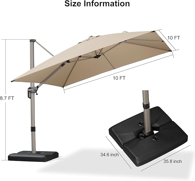 PURPLE LEAF 10FT Patio Umbrella with Base Cantilever Umbrella Square Outdoor Offset Umbrella with Champagne Frame and 360° Rotation for Garden Deck Pool, Beige
