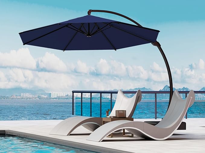 Kingdura 12ft Cantilever Patio Umbrella with Base Included, Large Round Offset Outdoor Pool Umbrella, 360° Rotation & Infinite Tilt, Heavy Duty Aluminum Frame for Deck Backyard, Navy blue
