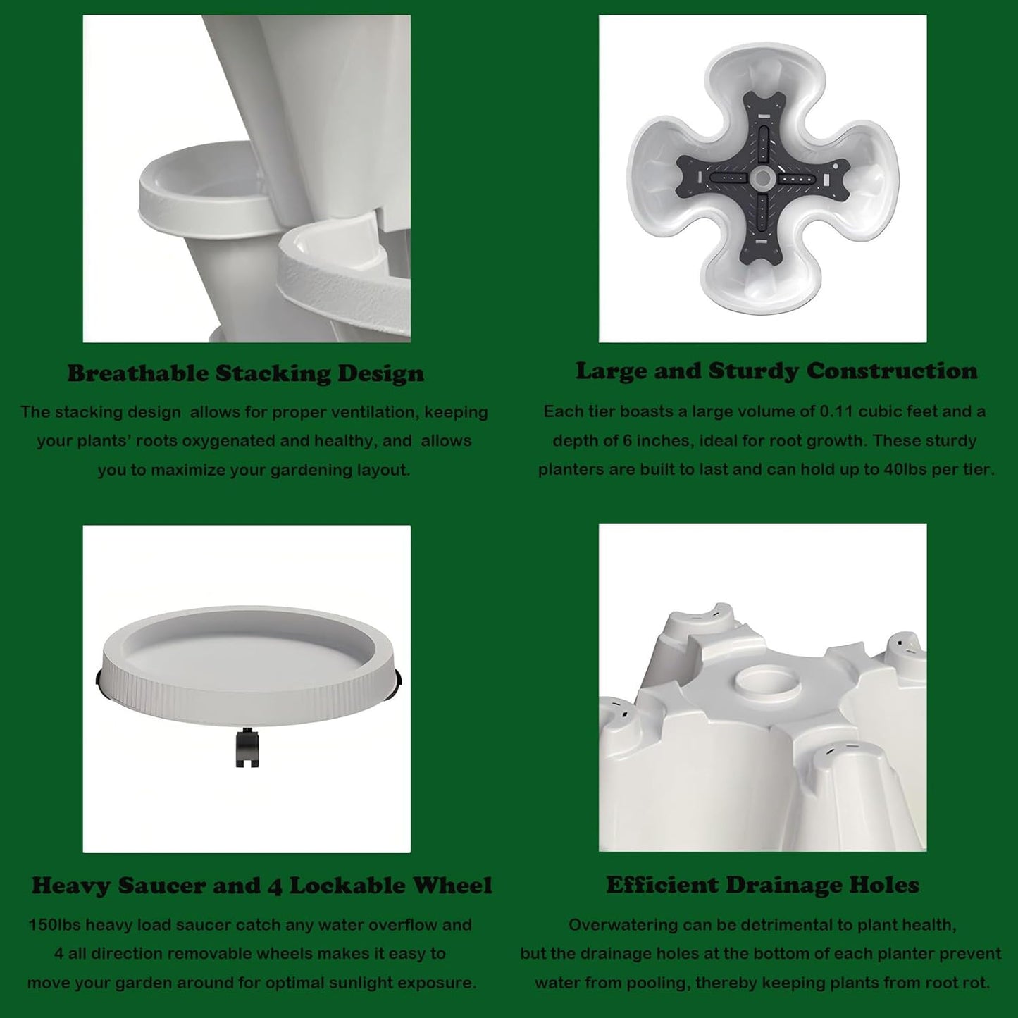 7 Tiered Strawberry Planters 2 Pack, Vertical Stackable Planter, Herb Stacking Tower Garden, Flower and Vegetable Planters with Support Pole Indoor and Outdoor with Removable Wheels Dark Grey