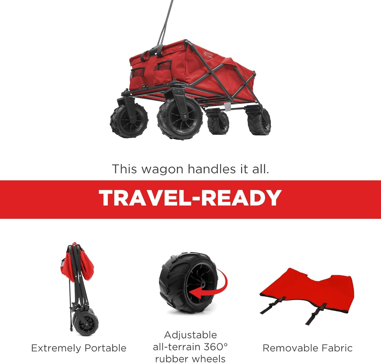 Creative Outdoor Wagon for Kids Push Pull Collapsible Stroller Giant All-Terrain Folding Cart | XXXL Monster Series Wagons | Outdoor Garden & Tailgate | Red