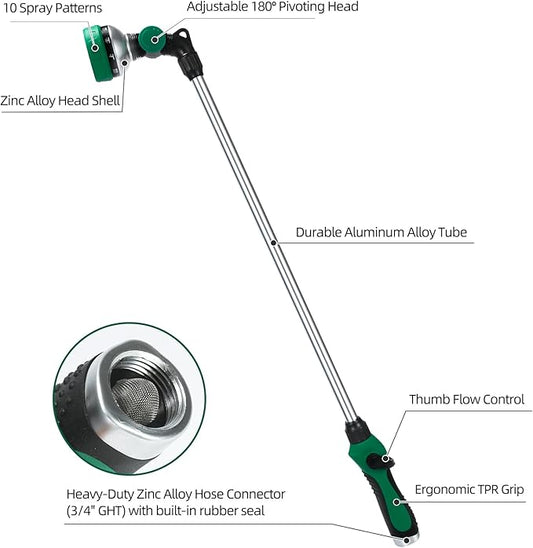 Watering Wand for Garden Hose, 30 Inch, 10 Spray Patterns, Thumb Control Garden Hose Nozzle, Adjustable Water Sprayer with Pivoting Head, Ideal for Hanging Baskets, Plants, and Shrubs, Green