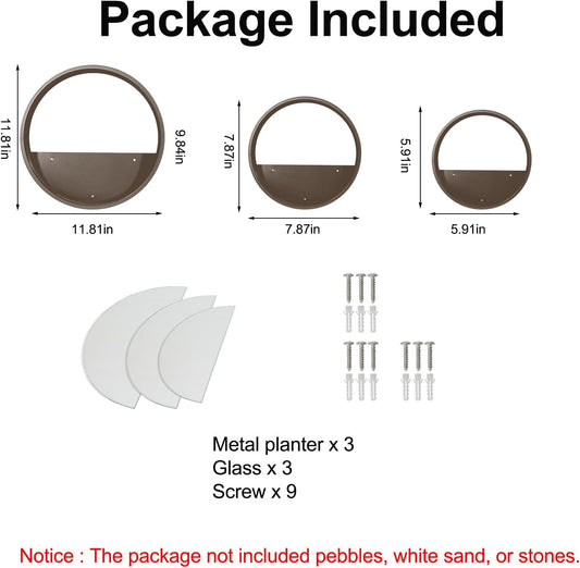 3 Pack Set Wall Planters,Modern Round Glass Wall Planter Succulent Planter Circle Iron Hanging Planter Vase for Herb,Small Cactus Perfect for Balcony, Room and Patio Decor (Coffee)